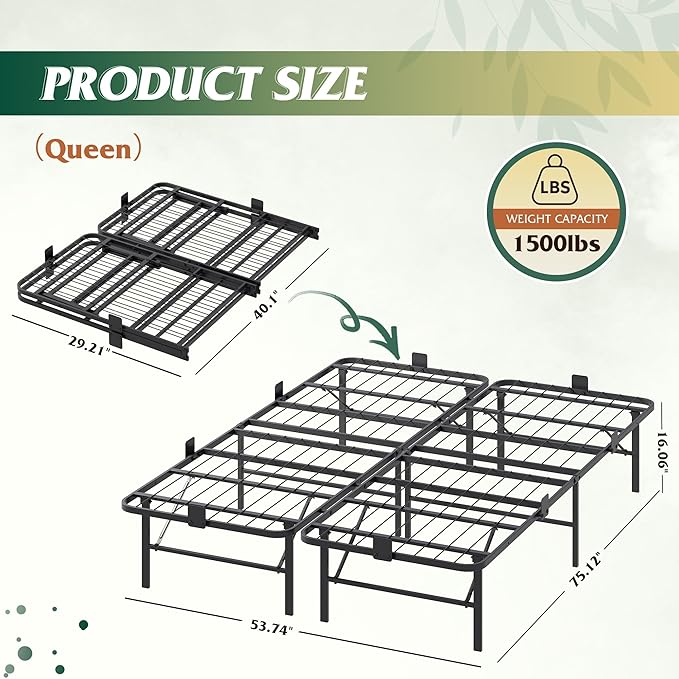 WLIVE Foldable Queen Bed Frames, Metal Platform Bed Frame Queen Size with Heavy Duty Steel Slats, No Box Spring Needed, Easy Assembly, No Noise, Black