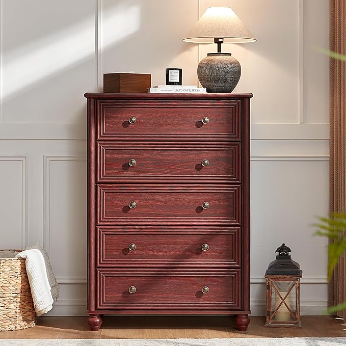 Farmhouse Dresser for Bedroom Set of 2, 5 Drawers Wood 45" Tall Chest of Drawers, Dresser Rustic Storage Dressers Organizer with Metal Handle Closet for Living Room, Hallway Entryway