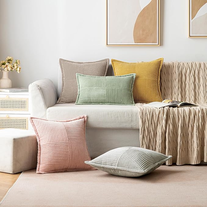 MIULEE Decorative Throw Pillow Covers for Couch Bed Livingroom 18x18 Inch Set of 2 Light Brown Boho Accent Throw Pllows Broadside Striped Patchwork Soft Corduroy Pillowcases