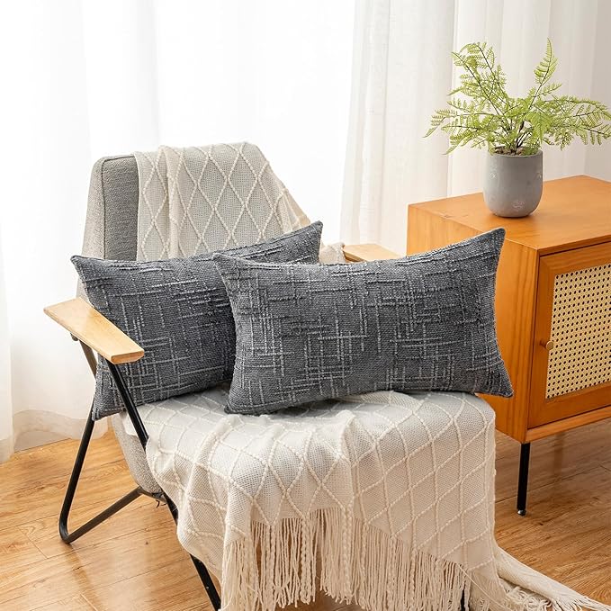 Decorative Throw Pillow Covers 12x20 Inch Set of 2, Soft Solid Farmhouse Chenille Couch Pillows, Spring Pillow Covers for Couch Sofa Bed Living Room Home Decor Pillowcase, Dark Gray