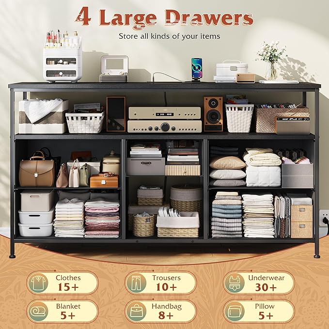 TV Stand Dresser with LED Lights & Power Outlets, Entertainment Center for 50" Inch TV, 5 Drawers TV Stand for Bedroom Dresser with Shelves for Living Room, Sturdy Metal Frame, Black