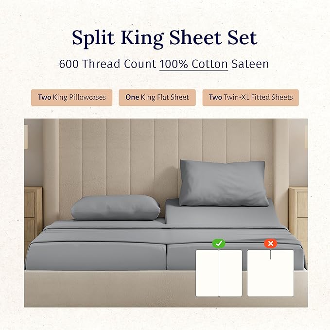 California Design Den Split King Sheet Set - 100% Cotton, 600 Thread Count, Breathable Luxury King Size Sheets for Adjustable Bed, Luxury Hotel-Quality Sheets with Soft Sateen Weave - Mist Grey