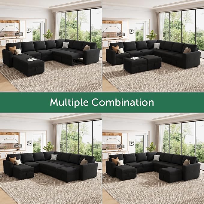 HONBAY Modular Sectional Sleeper Sofa with Pull Out Couch, Oversized U Shaped Sleeper Pull Out Bed with Storage Sectional Couches for Living Room - Black