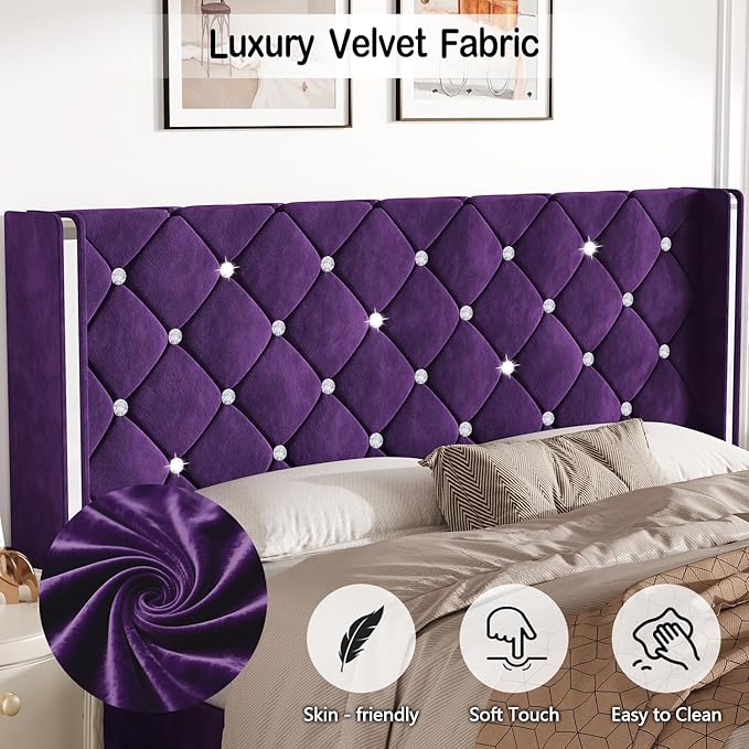 HOMBCK Queen Size Bed Frames with Headboard, Black Velvet Queen Bed Frame with Wingback, Upholstered Bed Frame with Diamond Headboard, Wood Slat Support, No Box Spring Needed, Easy Assembly,Purple