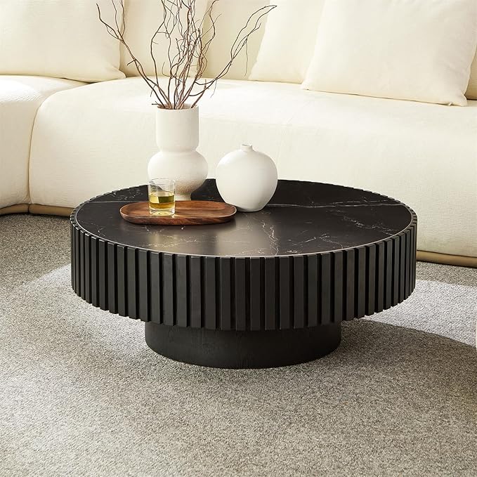 Round Coffee Table for Living Room, Accent Fluted Drum Stone Coffee Table with Storage, Modern Solid Wood Circle Center Tea Table for Small Space Apartment (35.4''D×14''H-Black)