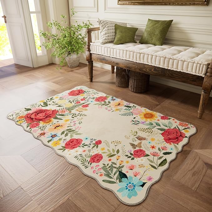 Floral Washable Area Rug 3'x5' Non Slip Boho Vintage Low Pile Soft Carpet for Living Room, Dining Room, Bedroom High Traffic Areas Indoor Rug for Bathroom, Entryway Decor (Beige