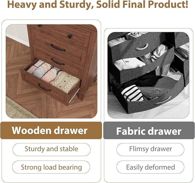 GarveeHome 4 Dresser for Bedroom, 34.8" Tall Vertical Drawer Dresser with Large Storage, Freestanding Wooden Closet Chest for Bedroom, Living Room, Walunt