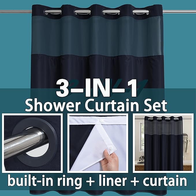 Conbo Mio No Hook Shower Curtain with Snap in Liner Set, Hotel Luxury Black Fabric Shower Curtains for Bathroom with See Through Top Window, Washable, Waterproof 71W x 74H