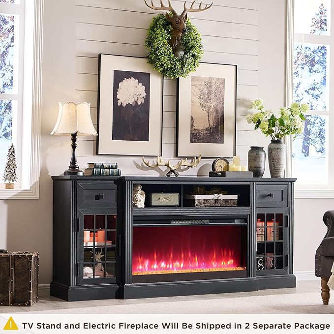 JXQTLINGMU Fireplace TV Stand for 80 Inch TV, Farmhouse Highboy Entertainment Center w/LED Lights & 36" Electric Fireplace, Large Media Console w/Glass Door Cabinet & Storage Drawer, Black