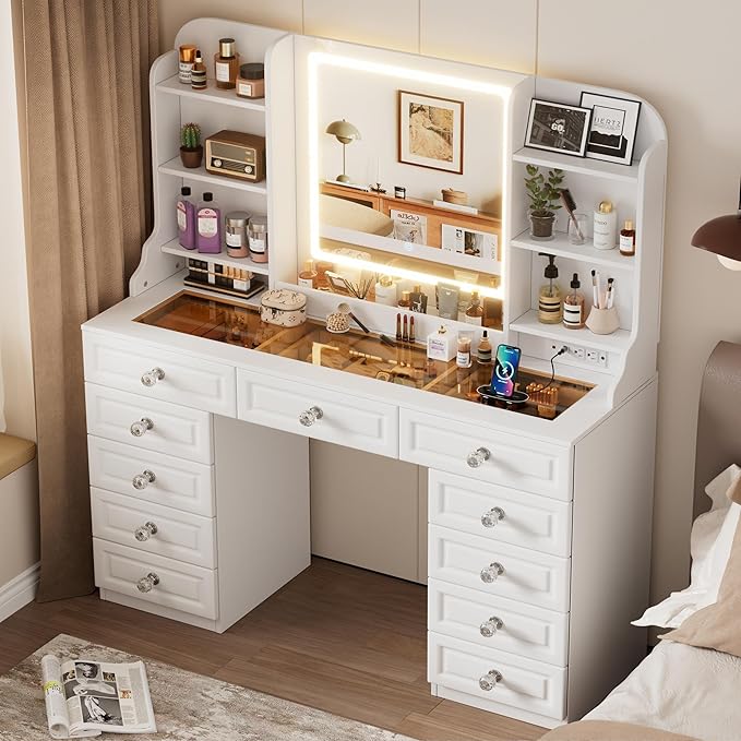 PAKASEPT 47.3'' Makeup Vanity with 11 Drawers, Tempered Glass Top Vanity Table with Mirror and LED Lights, 7 Storage Shelves, Built-in Charging Station, Dressing Table for Bedroom (No Stool)