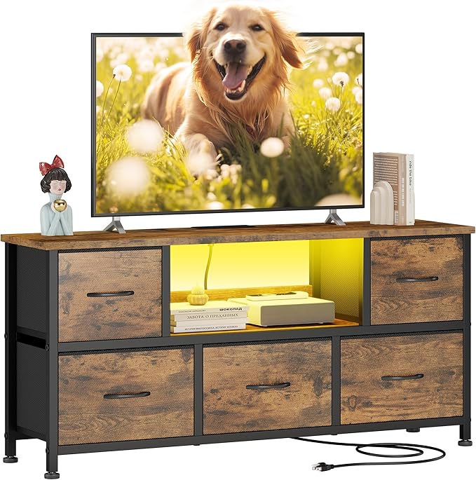 Lulive TV Stand for Living Room, LED Rustic Brown Dresser for Bedroom with 5 Fabric Drawers,43 55in TV Stand with Power Outlet, Entertainment Center with Open Shelf