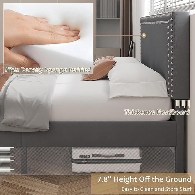 VECELO Full Size Bed Frame with Adjustable Upholstered Headboard, Wooden Slats Platform, Noise-Free Design, Easy Assembly