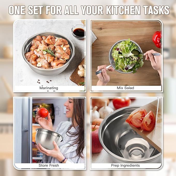 28PCS Mixing Bowls with Airtight Lids Set, Stainless Steel Nesting Prep Bowls with 7 Measuring Cups & 14 Measuring Spoons for Cooking, Baking, Serving, Food Storage, Size 5.5/3.5/2.5/2/1.4/1/0.62QT