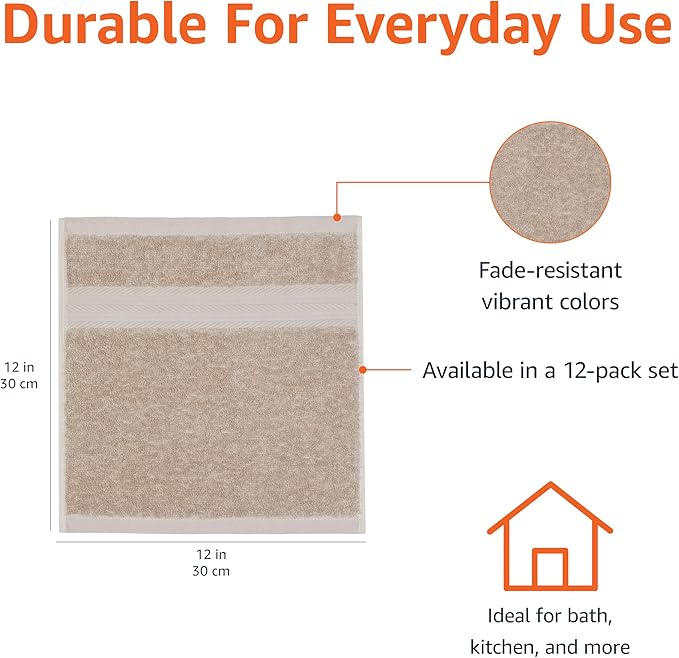 Amazon Basics Fade-Resistant 100% Cotton Washcloth, 12 Pack, 12"x12", Taupe