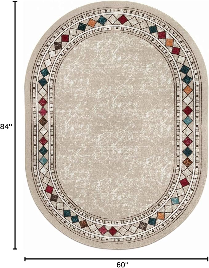 Antep Rugs Alfombras Modern Bordered 5x7 Non-Skid (Non-Slip) Low Profile Pile Rubber Backing Indoor Area Rugs (Beige, 5' x 7' Oval)