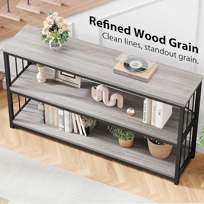 LVB Extra Long 3-Tier Sofa Table, Industrial Console Table with Storage Shelf, Modern Rustic Wood Metal Narrow Entryway Table, Skinny Behind Couch Table for Foyer Living Room Bedroom, Light Grey, 70In