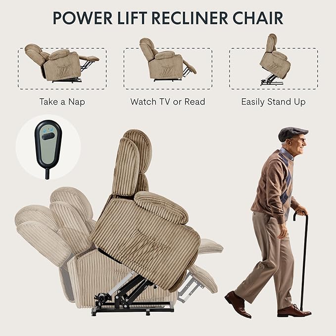FLEXISPOT XL31 Power Lift Recliner Chair for Elderly, Electric Lift Chair with Massage & Heat, Corduroy Reclining Sofa w/Cup Holders, Side Pockets for Living Room Bedroom(Medium Size,Khaki)