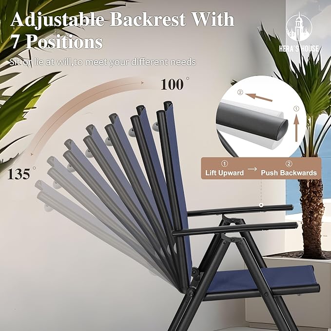 HERA'S HOUSE 7-Piece Outdoor Dining Set for 6, 60" Weather-Resistant Metal Patio Table with 6 Foldable Blue Chairs, Perfect for Garden, Backyard, Porch & Lawn (Space-Saving Design)