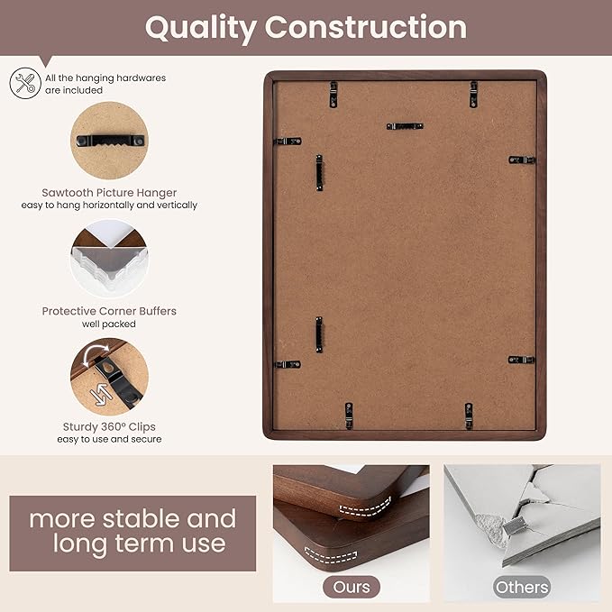 12x16 Picture Frame - Solid Walnut Wood 12''x16'' Poster Frame, 12x16 Picture Frame With Mat For 8.5x11, Tempered Glass and Hanging Hardware Included, 16 By 12 Frame Wood, Natural Walnut