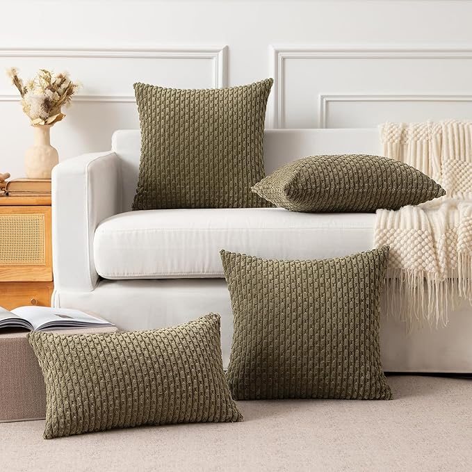 Kevin Textile Pack of 2 Corduroy Decorative Throw Pillow Covers 20x20 Inch Soft Boho Striped Pillow Covers Modern Farmhouse Home Decor for Sofa Living Room Couch Bed Olive Green