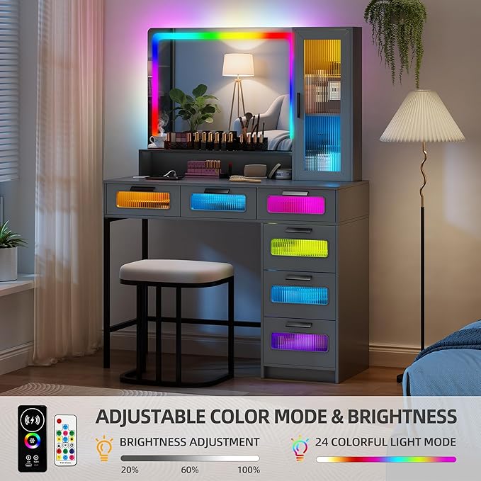 LED Makeup Vanity Desk with 20" Mirror and Light, Smart Dressing Table with 6 Drawers, 3 Shelves, 24 Color Lighting Modes, Cushioned Stool, USB Type-C Storage for Bedroom Dressing Room Gray