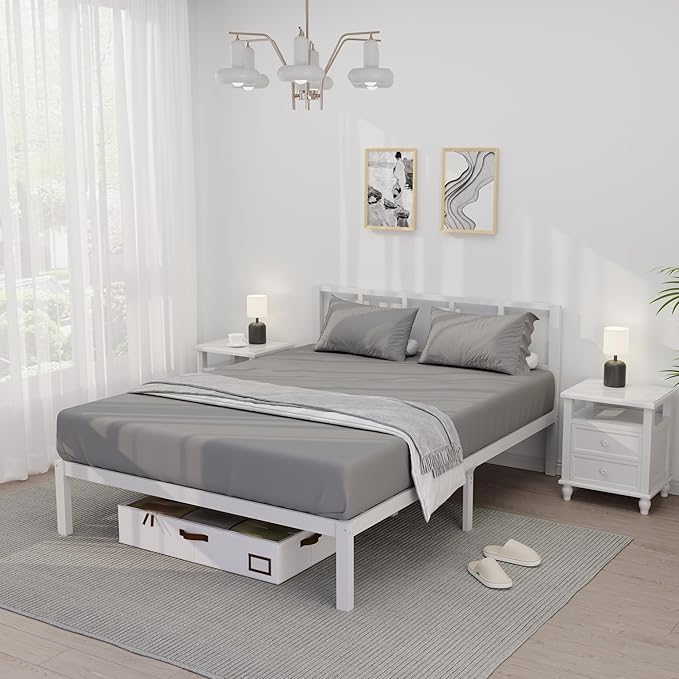 14 Inch Bamboo Bed Frame – Solid Wood Platform Bed Frame, Strong and Stable, with Non-Slip Slats for Support, No Box Spring Needed, Easy to Assemble, Noise-Free (White with Headboard, Queen)