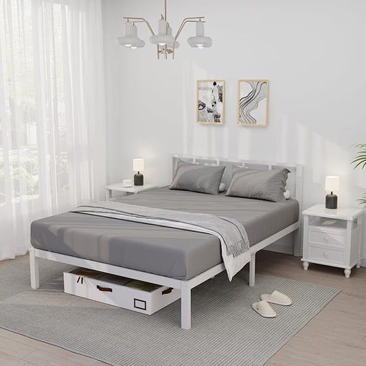 14 Inch Bamboo Bed Frame – Solid Wood Platform Bed Frame, Strong and Stable, with Non-Slip Slats for Support, No Box Spring Needed, Easy to Assemble, Noise-Free (White with Headboard, Queen)