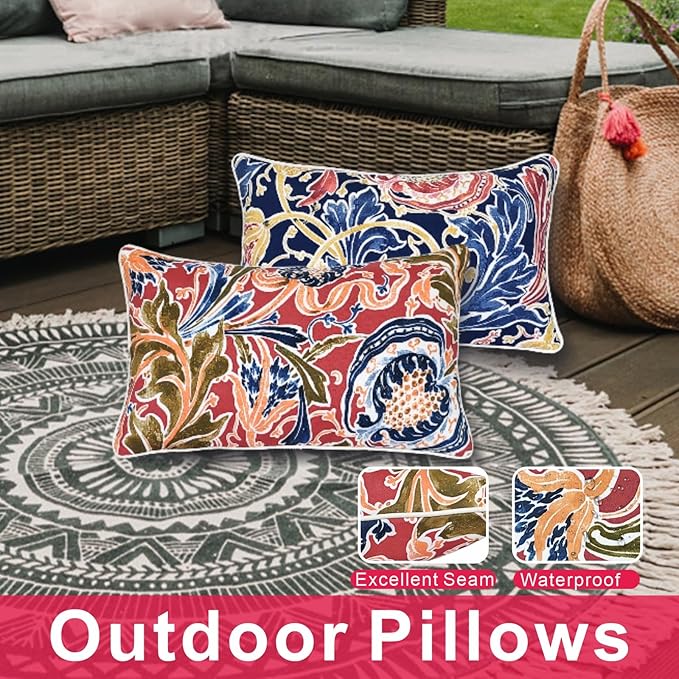 JMGBird 12×20 Inch Outdoor Lumbar Pillows Pack of 2 Colors Waterproof Throw Pillows with Insert Rectangular Decorative Garden Cushion for Home Furniture Patio Coach Sofa