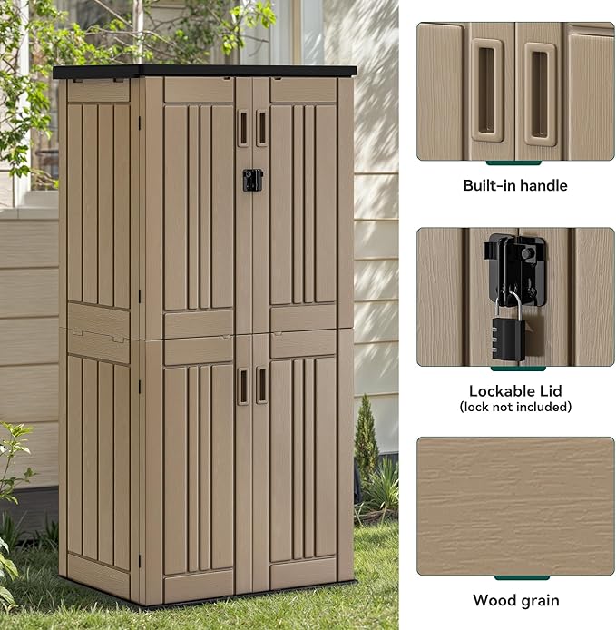 YITAHOME Outdoor Tall Storage Cabinet with 4 Shelves, Waterproof Resin Vertical Tool Shed, Lockable 30 cu. ft. Storage Shed for Patio, Garden, Yard, Brown