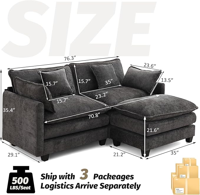76'' Cloud Deep Seat Loveseat Sofa, Upholstered Chenille Modular 3-Seats Sectional Sofa Couch with Movable Ottoman, Modern Comfy Settee Loveseat for Living Room Set, Small Apartment, Dark Grey