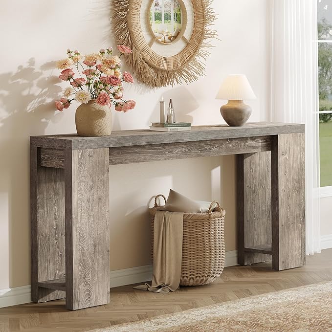 LITTLE TREE 70.9-Inch Long Entryway Table, Farmhouse Sofa Console Table for Living Room, Entryway, Hallway, Grey
