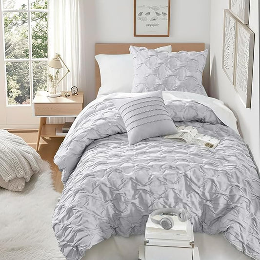 Comfort Spaces Twin/Twin XL Comforter Set for College Ogee Ruched Crinkle Texture Breathable Comforter Set Twin Dorm All Season Lightweight Bedding Set Shabby Chic Décor Pilow Grey 3 Piece