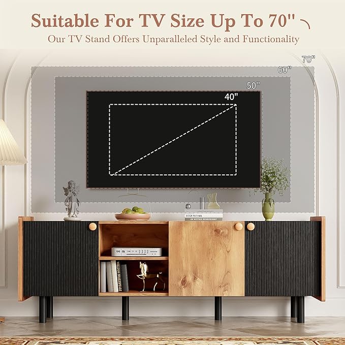 TV Stand for TVs up to 70 Inch TV, Mid Century Modern Entertainment Center with Storage Cabinets and Open Shelf, Media Console with Fluted Panel for Living Room