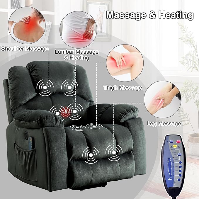 Power Lift Recliner Chair with Massage and Heating, Lift Chairs Recliner for Elderly, Upholstered Comfy Power Lift Chair with 2 Hidden Cup Holders, Side Pockets, USB Port, Grey Green