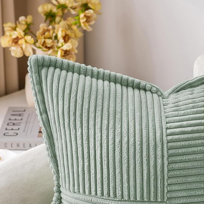 MIULEE Decorative Throw Pillow Covers for Couch Bed Livingroom 18x18 Inch Set of 2 Greyish Green Boho Accent Throw Pllows Broadside Striped Patchwork Soft Corduroy Summer Pillowcases