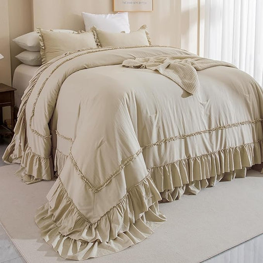 QSH Wheat Oversized California King Bed Comforter Set 128x120, Farmhouse Shabby Vintage Bedding Comforter with Ruffles French Country Comforter Soft Microfiber Fluffy Bedding 3 PCs