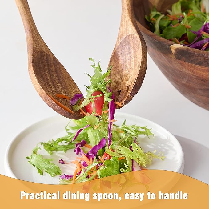 Wooden Salad Bowls with Serving Utensils, Large 12.5" Acacia Wooden Bowls for Food, Perfect as Fruit Bowl, Serving Bowls, Mixing Bowls, Handmade, Durable and Stylish Natural Wood Dinning Accessory