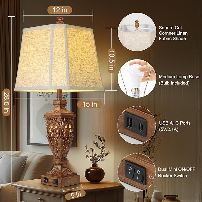 28.5" Vintage Brown Table Lamps Set of 2 With Night Light,Lamps for Living Room With Beige Linen Cut Corner Shade,Nightstands Lamp with USB A+C Port for Bedrooms,Bedside,Office,Hotel(Bulb Included)