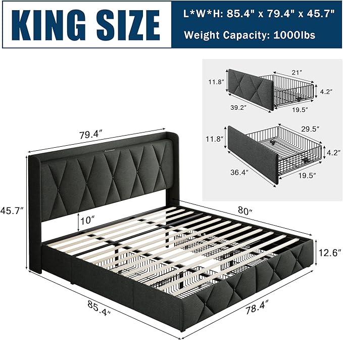 King Size Bed Frame with 4 Storage Drawers, Upholstered Platform Bed with Charging Station, Modern Wingback Storage Headboard, Easy Assembly,Noise-Free, Dark Gray