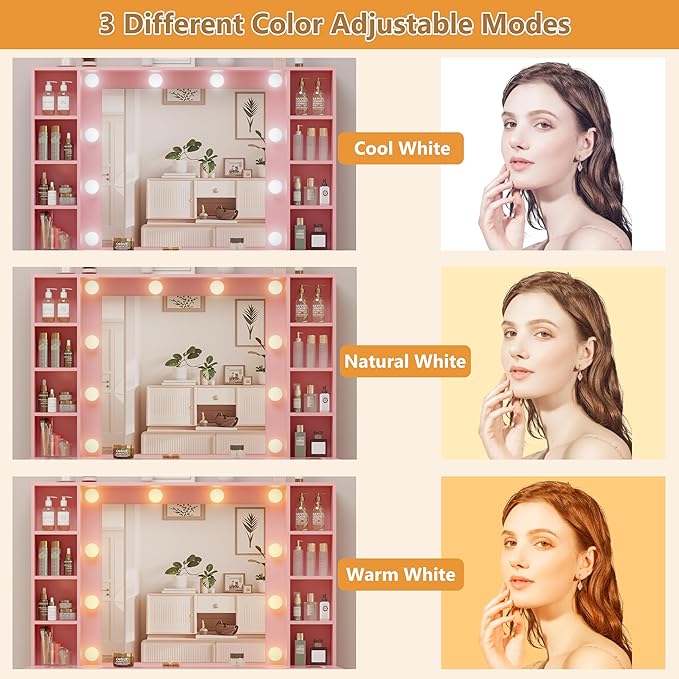 Pink Vanity Desk with Mirror and Lights, Glass Top Vanity with Lighted Mirror & RGB Glass Cabinet and 3 Drawers, Makeup Vanity Desk with Lights Dressing Table for Bedroom, 3 Color Modes