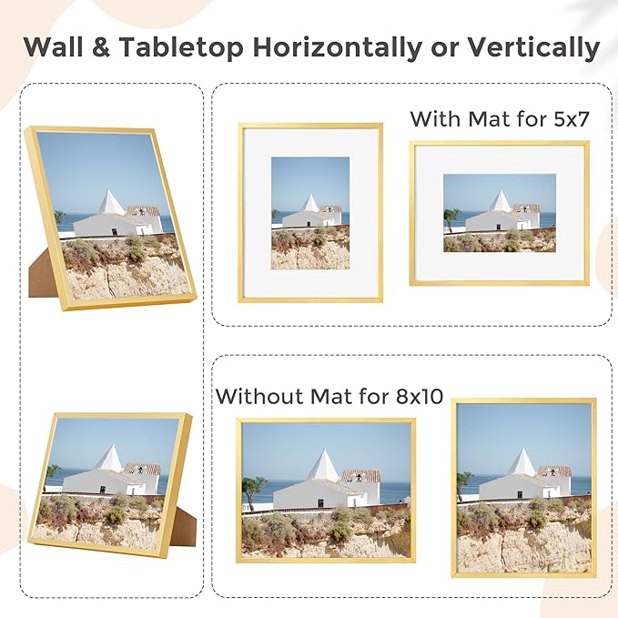 8x10 Picture Frame - 8 by 10 Metal Picture Frame With Mat | 8 x 10 Aluminum Photo Frame | Plexiglass And Hanging Hardware Included | 8x10 Gold Frame | Set of 3, Gold