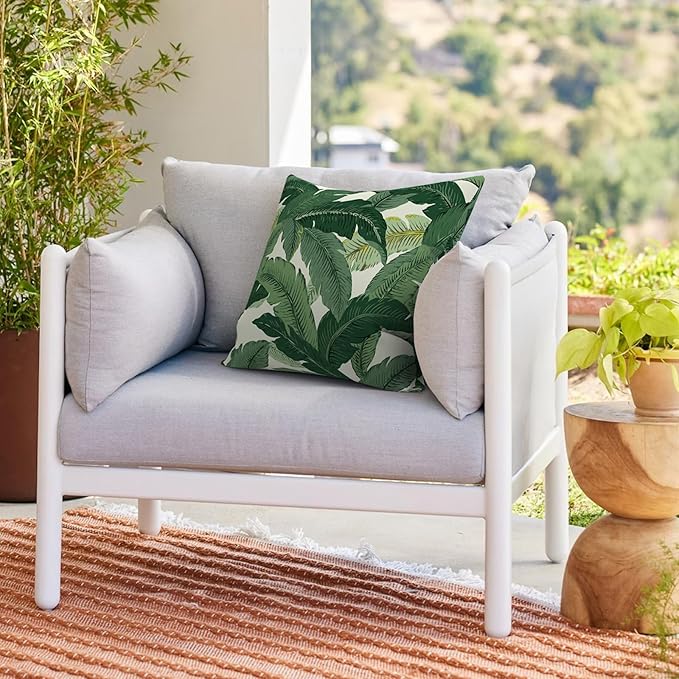 Outdoor Throw Pillows with Inners, All Weather Patio Pillows Set of 2, Square Pillows Decorative for Home Garden Furniture, 20x20 Inch, Swaying Palms Green