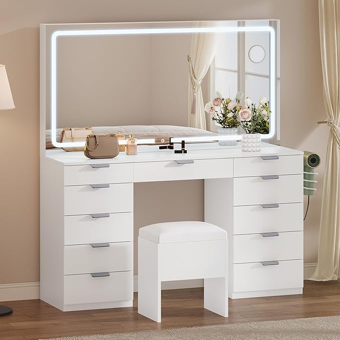 YITAHOME 46" Vanity Desk with Large LED Lighted Mirror, 3 Adjustable Lighting Modes, 11-Drawer Makeup Table Set with Charging Ports, Hair Dryer Holder & Storage Stool for Dressing Room, White