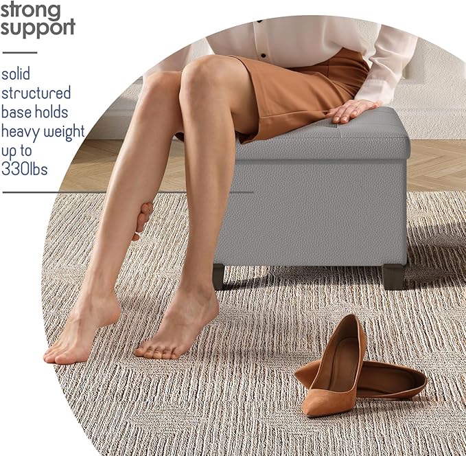 STORAGEBUD Storage Ottoman Cube with Small Bin, 16-in Square Ottoman with Storage for Living Room and Bedroom, Small Ottomans Foot Rest, Faux Leather Foot Stools Ottomans Max 330lbs, Light Grey