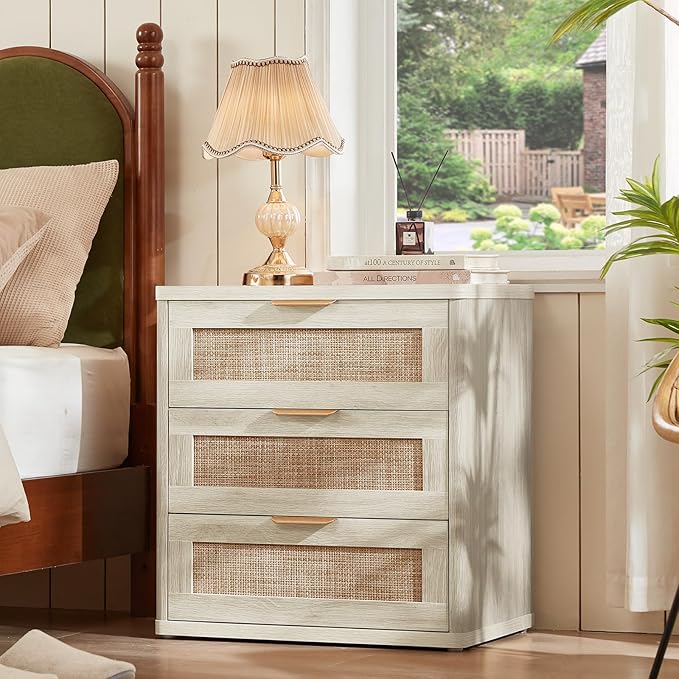 LEYAOYAO Rattan Night Stand with Drawers, 23" Large 3 Drawer Boho Nightstand, Grey White Bedside Table Storage Cabinet, Bed Side End Tables Dresser for Bedroom, Living Room, Hallway, Closet