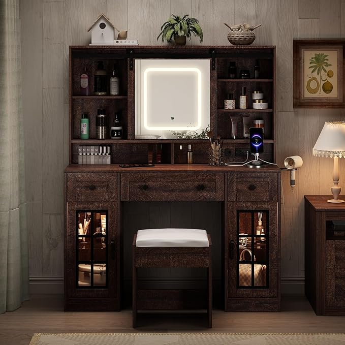 Fameill 45.5'' Farmhouse Makeup Vanity Desk with Sliding Mirror, Vanity Table with 3 Drawers and 2 Cabinets, Charging Station & LED Lights, Storage Shelves, Stool Included, Dressing Table for Bedroom