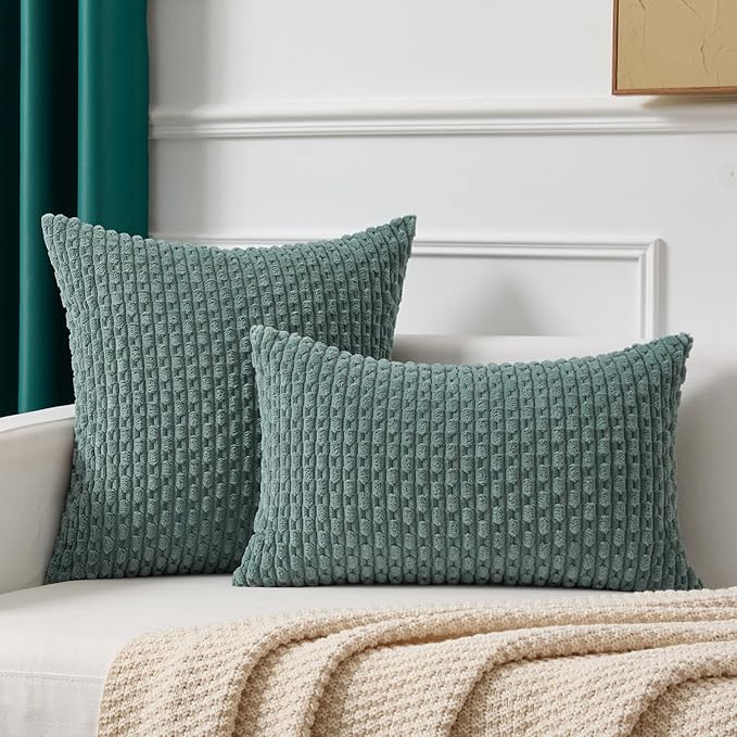 Kevin Textile Decorative Pillow Covers Set of 2 Striped Plush Corduroy Pillows Pillowcases Boho Home Decor Cushion Covers for Couch Sofa Bed Living Room 26x26 Inch, Teal Green