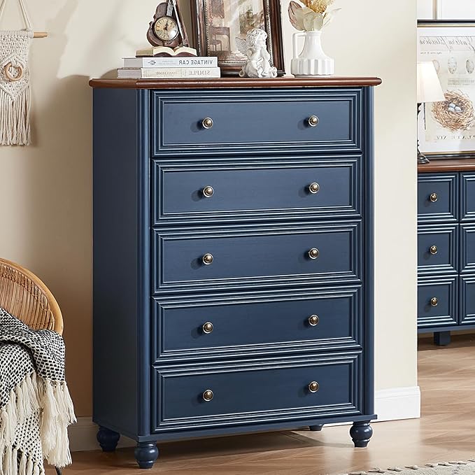 Farmhouse 5 Drawers Dresser for Bedroom, Wood 45" Tall Chest of Drawers, Dresser Rustic Storage Dressers Organizer with Metal Handle Closet for Living Room, Hallway Entryway