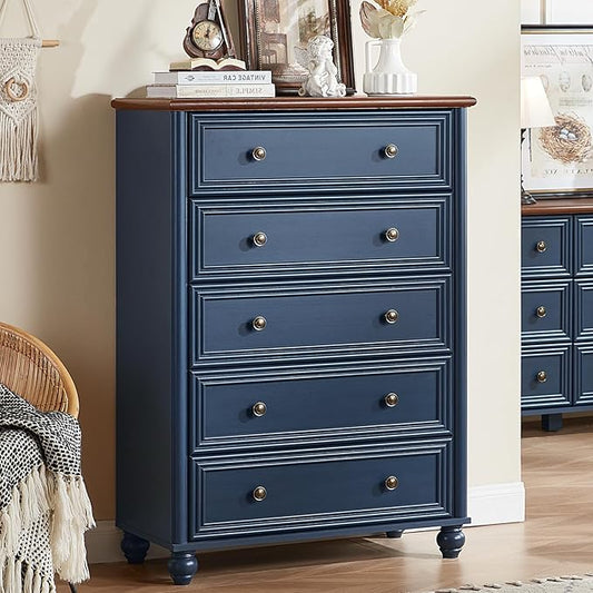 Farmhouse 5 Drawers Dresser for Bedroom, Wood 45" Tall Chest of Drawers, Dresser Rustic Storage Dressers Organizer with Metal Handle Closet for Living Room, Hallway Entryway