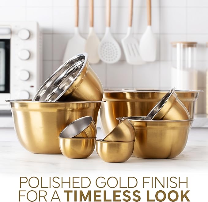 COOK WITH COLOR 18 Piece Mixing Bowls Set with Airtight Lids, Stainless Steel Bowl Organizers, Food Storage Containers, Meal Prep, Nesting Salad Bowls For Cooking, Baking, Kitchen Use, Gold